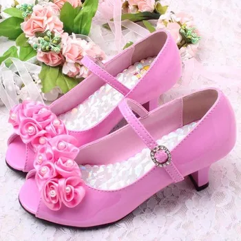 

3D Flower PU Leather Children Princess Sandals Shoes Girls Wedding Party High Heel Sandals Fish Mouth Kids Wedding Dance Shoes