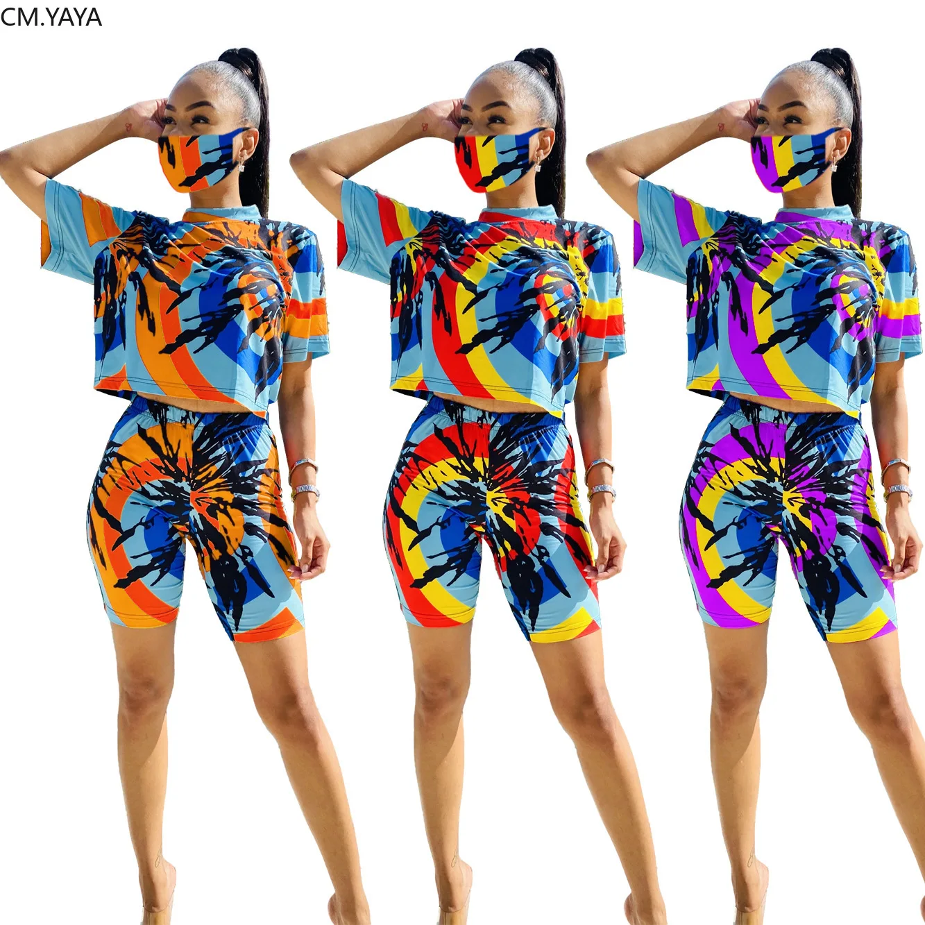 2020 Women geometric black hole print with Mash three Pieces Sets Tracksuits tee Tops shorts Suit Fitness Outfits Matching Set |