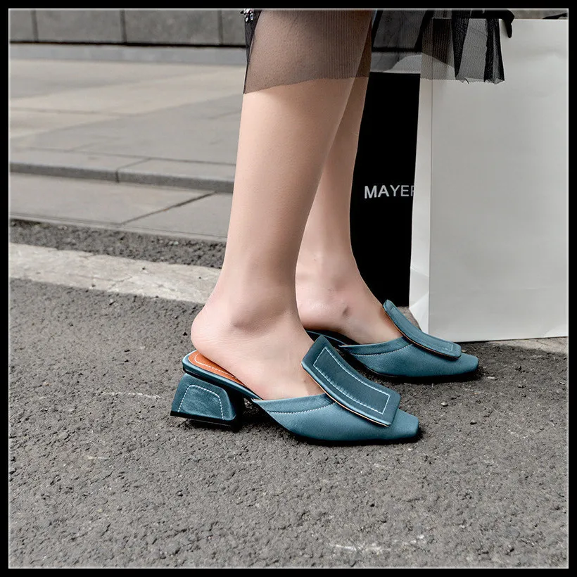 

New Women Slippers Fashion Big Buckle High Heel Desginer High Quality Woman Elegant Spring Summer Flat Slipper Flat Shoes