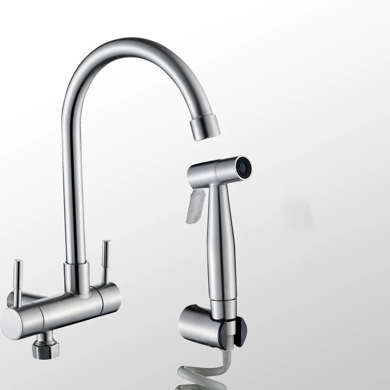 304 Stainless Steel Kitchen Faucet Wall Mounted Double Handle Single Cold Water Tap Sprayer Bidet Nozzle for Balcony