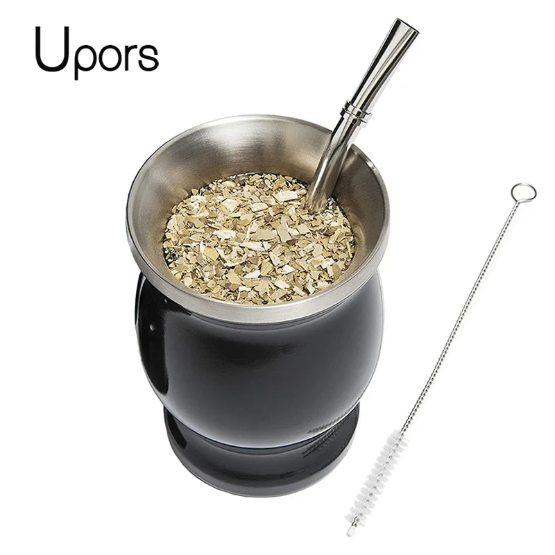 UPORS 예르바 메이트 컵 304 스테인레스 스틸 이중벽, 8oz 아르헨티나 예르바 메이트 조롱박, 봄빌라 및 청소 브러시 포함