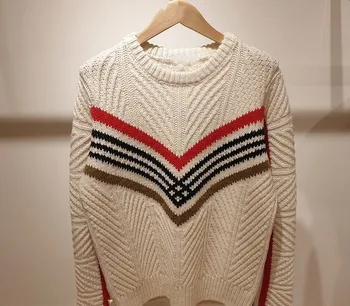 

2019 Autumn and Winter Women's Sweater Geometric Striped Slim O-neck Long Sleeve Knitwear Pullovers Top
