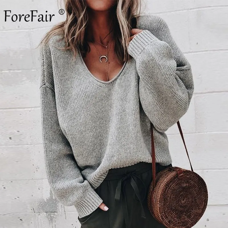 Forefair, v-образный вырез, повседневный свободный женский свитер,, осень, новая мода размера плюс, однотонный, фиолетовый, желтый, вязанный, зимний женский свитер - Цвет: Gray Sweater