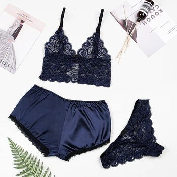 

3 Pieces Women's Pajamas Silk Satin Lace High Quality Sleep Tops Set Pijama Sexy V Neck Home Clothes for Women Sleepwear RW80900