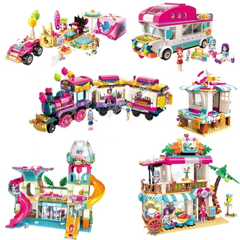

New Girls Seaside Beach Slide Amusement Park House Party Dolphin Rescue Building Blocks Bricks Friends Children Toy