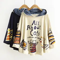 Лидер продаж осень Повседневное принтом кота из мультфильма с капюшоном накидка верхняя одежда японский свободные пуловеры Ponches Женское