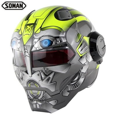 Soman Железный человек Шлем дизайн косплей Capacete ретро мотоцикл шлемы призрак самурая маска для забавных Ironman Casco Para Moto - Цвет: Yellow Robot