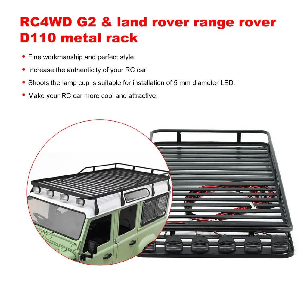 1/10RC Metal Roof Rack Luggage & 4 Led Lights Holder Bar For RC8WD Cralwer Gelande II Defender D110 Large Size