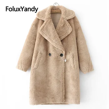 

2020 Winter Faux Fur Coat For Women Long Coat Warm Thick Outerwear Double Breasted Casual Plus Size Coats KKFY5120