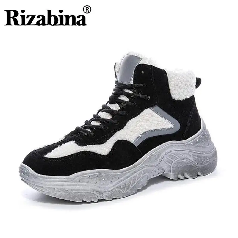 

RIZABINA Winter Sneakers Women Ankle Boots Real Leather Mixed Color Flat Shoes Women Fur Warm Casual Lace Up Footwear Size 35-39