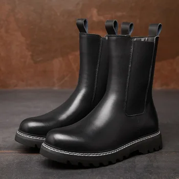 

REETENE Genuine Leather Knee-High Boots Men Slip On Winter Men'S Boots Non-Slip Men'S Winter Boots Winter Fashion Boots For Men