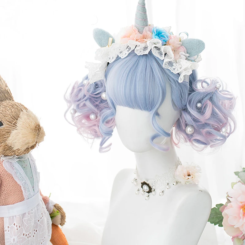 

Women Popular Multi-Colors Cute Japan Lolita Halloween Christmas Synthetic Short Curly Wig+Cap