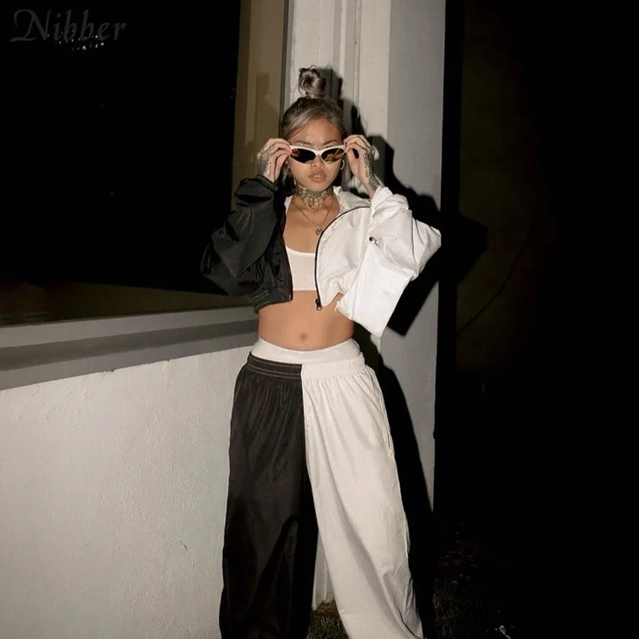 

NIBBER retro Contrasting colors coat Harem pants 2two piece sets women autumn simple crop top Thin jacket femme Sports pant suit