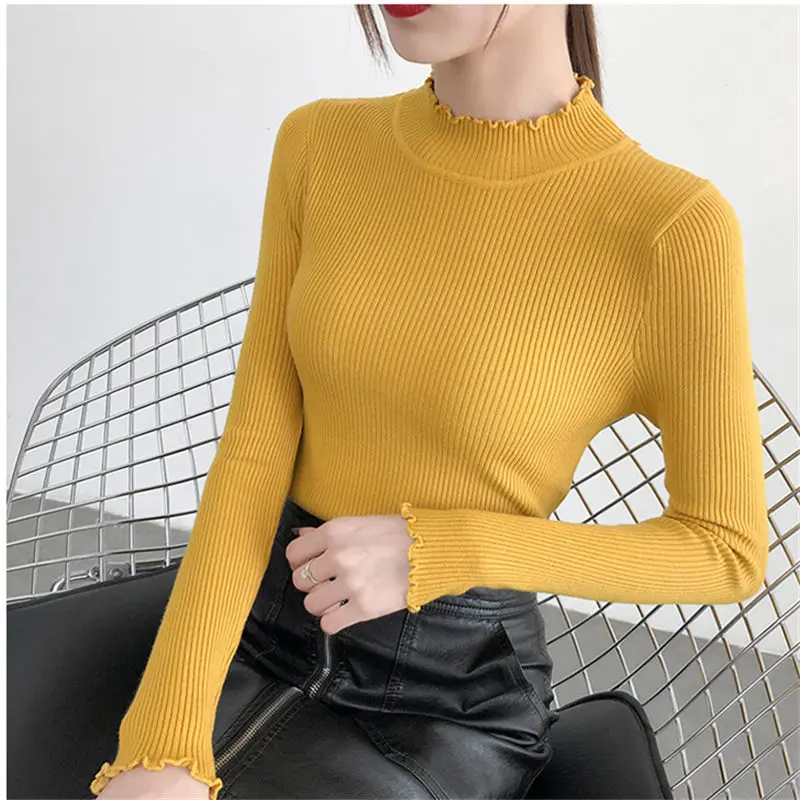 

Autumn Winter Spring Solid Elastic Pullovers Sweaters Women Yellow Sexy Slim Knitted Sweater Female Soft Jumper