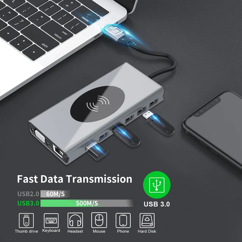 

15 In 1 Docking Station USB HUB Type C To HDMI-compatible Wireless Charging USB 3.0 Adapter Type C HUB Dock For MacBook Splitter