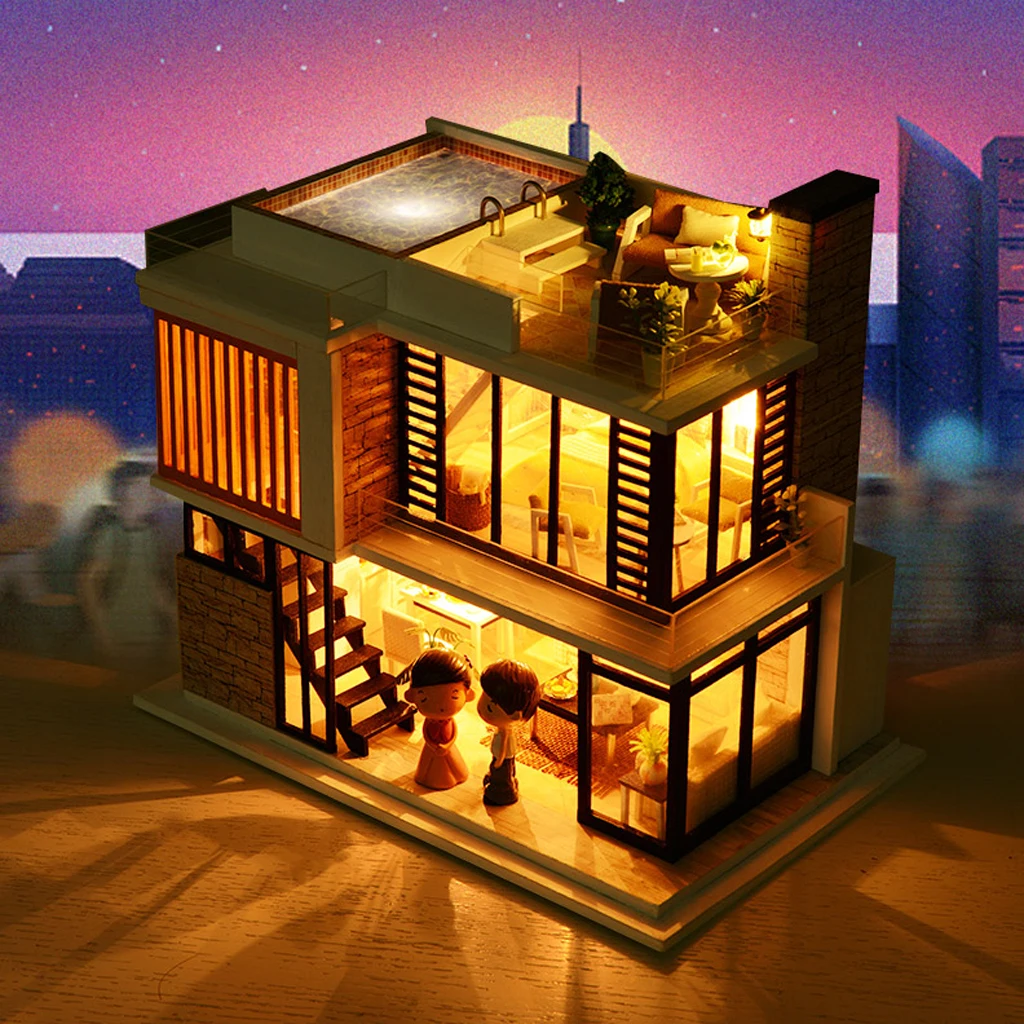 Handmade 3D DIY House Model Kit Miniature LED Light Wooden Dolls House Model Florence Town Christmas Birthday Gift