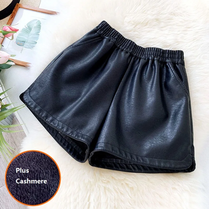 black shorts Осень зима эластичные свободные шорты с высокой талией из искусственной бархатной кожи женские стильные широкие шорты женские черные сексуальные кожаные шорты - Цвет: black shorts