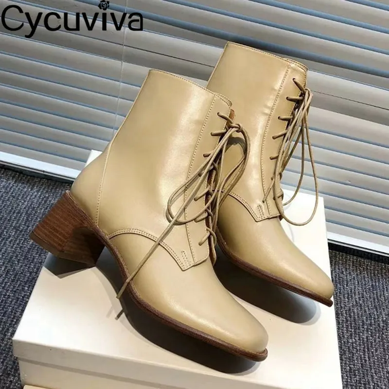 Women Boots Classic Square Toe Ankle Boots Genuine Leather Chunky Wedge Heel Motorcycle Boots Runway Party Winter Shoes Woman