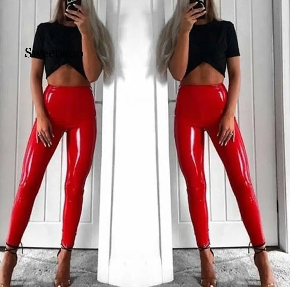 High Waist Women Sexy Leather Pants Leggings Autumn Winter PU Skinny Stretch Pencil Latex Faux Full Length Ladies Trousers latex mid trousers sexy panties fetish shorts handmade nature rubber exotic boxers plus size available
