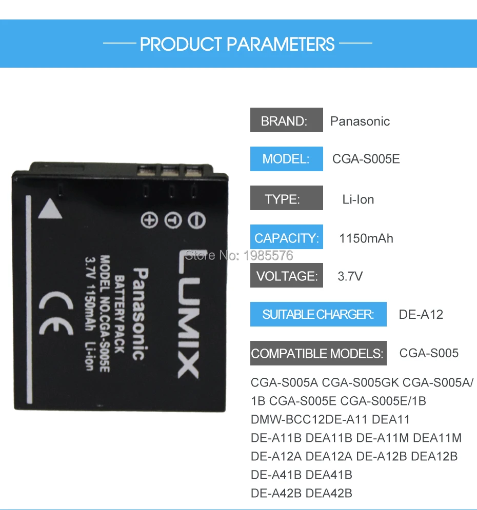 1 шт. 3,7 V 1150 мА/ч, Panasonic CGA-S005E DMW-BCC12 CGA-S005 Камера Батарея DMC-LX1 DMC-LX2 DMC-LX3 с DE-A12 зарядное устройство