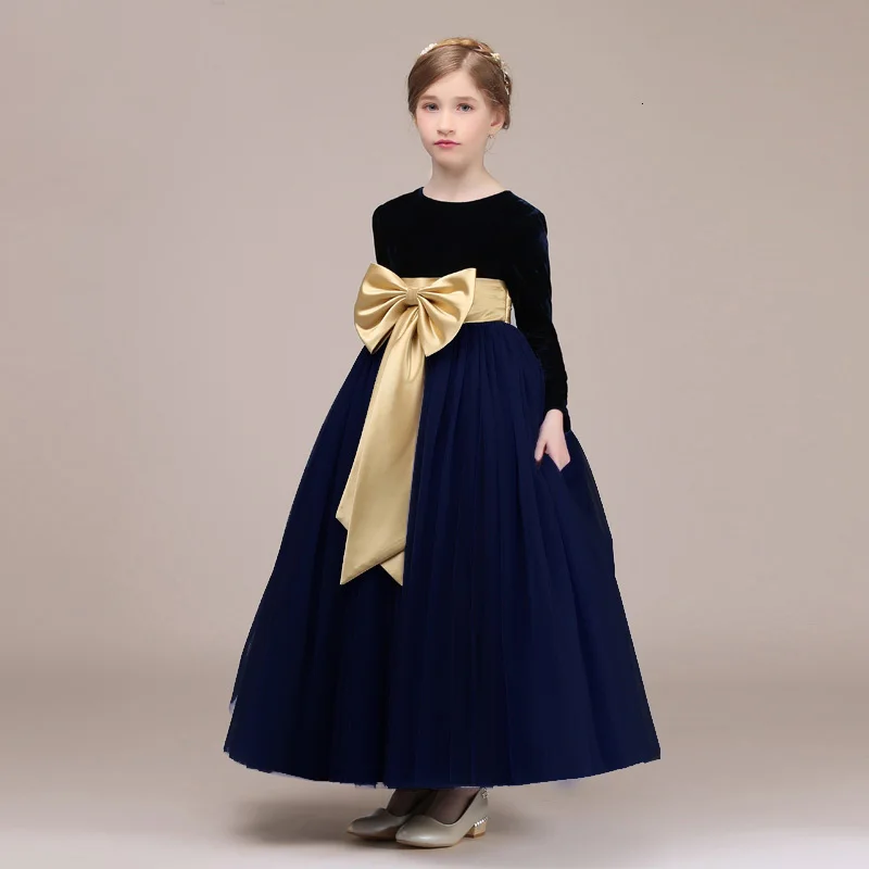 Бальное платье, тюль с длинным рукавом, пышные платья для девочек, круглый вырез, длина до щиколотки, платье принцессы темно-синего цвета с