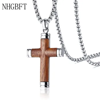

NHGBFT Real wood wooden cross necklace pendants for mens stainless steel pendant Party jewelry