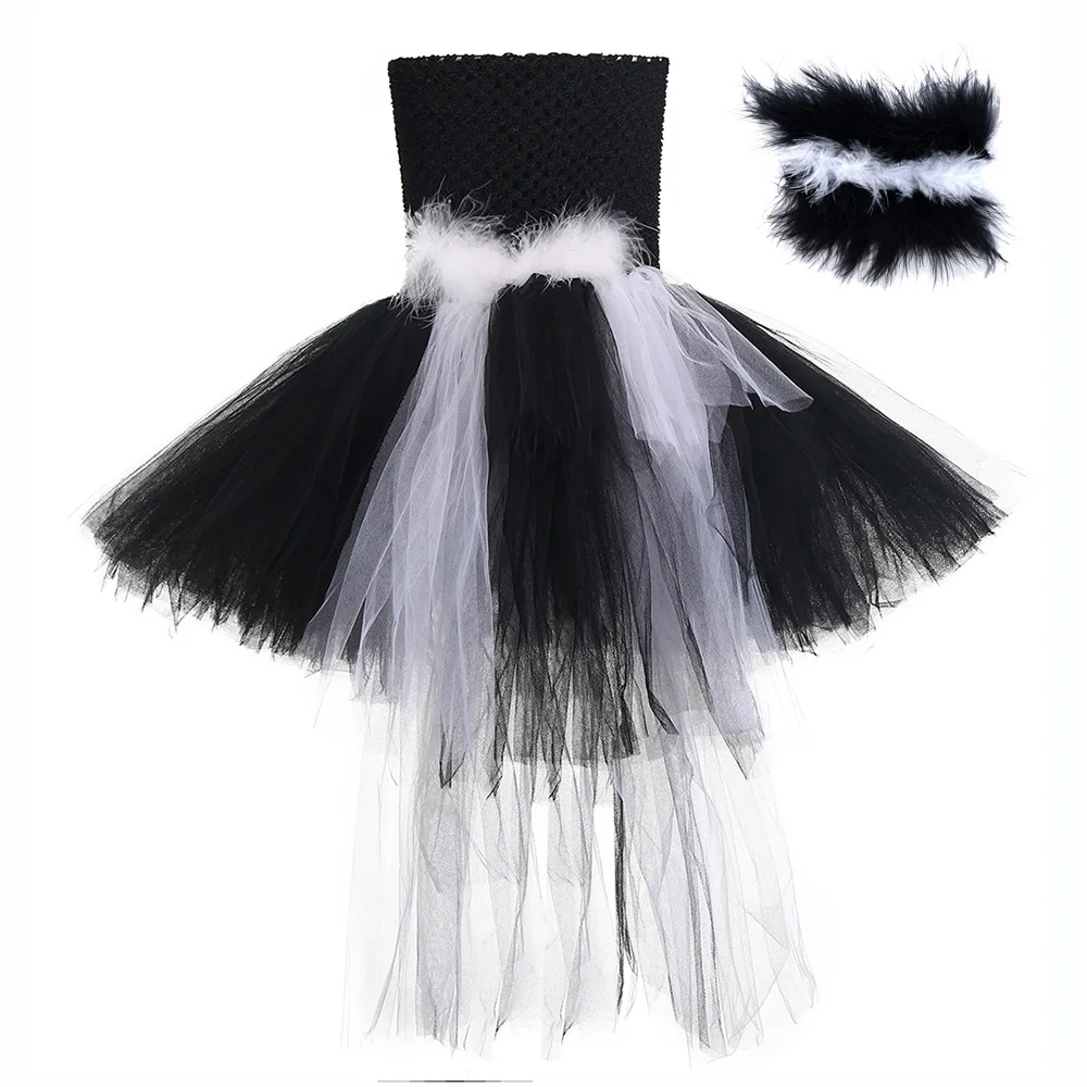 Black White Skunk Furry Feather Robe Regular Girls Halloween Costume for Kids Party Dress Girl Long Tail Sleeveless Tulle | Детская