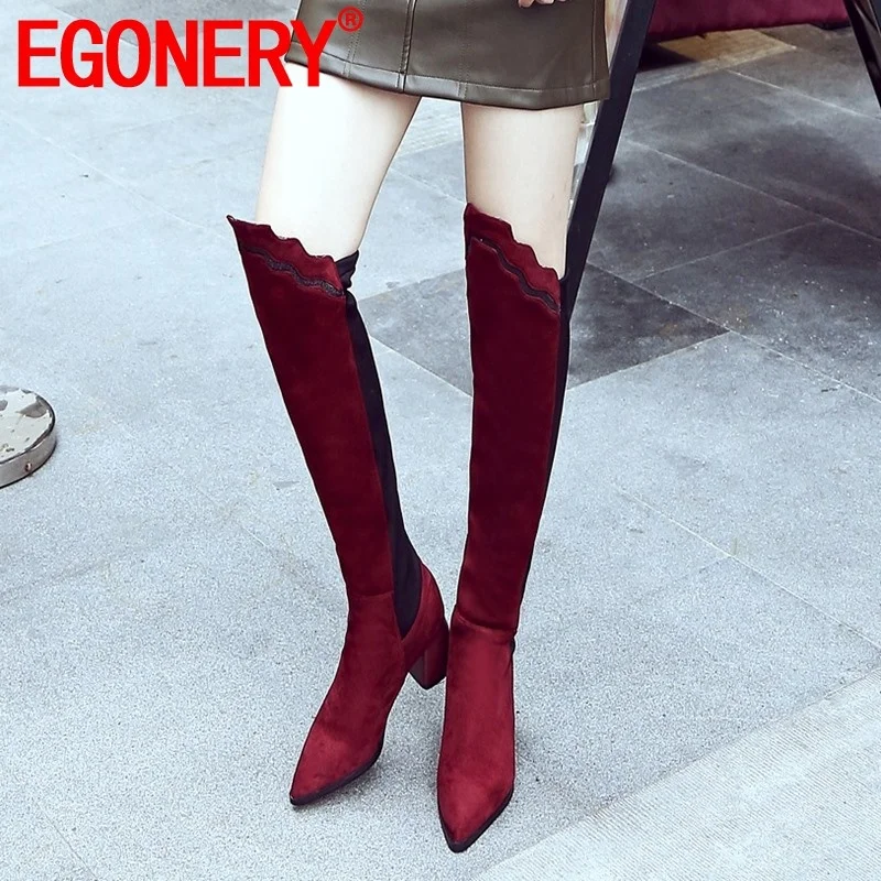 

EGONERY winter new fashion warm over knee boots outside high heels pointed toe plus size slip-on work women shoes drop shipping