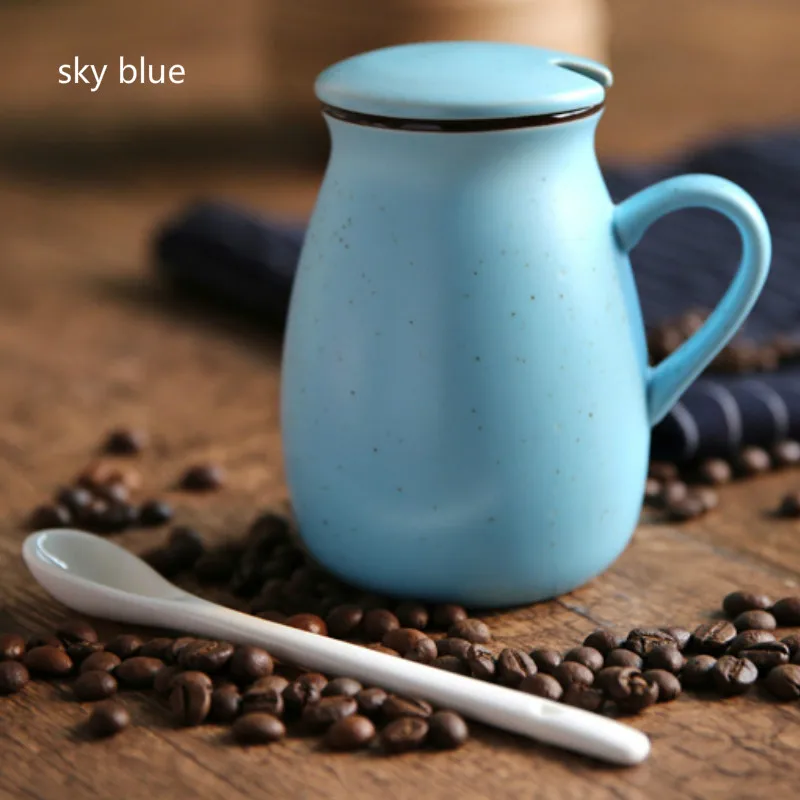 Blue starry sky 400 мл Корейская керамическая кружка, чашка для кофейного напитка с крышкой, ложка, чашка для молока, 8 видов стилей, простые милые кружки, цветные кружки, Кружка для Гипсофилы - Цвет: Blue starry sky