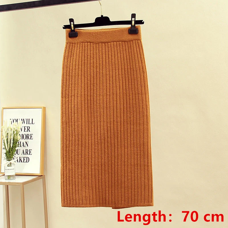 yellow-length 70cm 60-70 см эластичные женские юбки осень зима теплая трикотажная прямая юбка ребристая юбка средней длины черная - Цвет: yellow-length 70cm