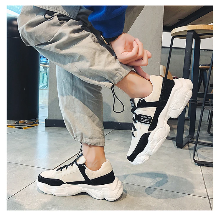 Men's Chunky Sneakers Fashion Thick Bottom Patchwork Upper Dad Shoes Solid Color Lace-up Outdoor Leisure Non-slip Men Shoes