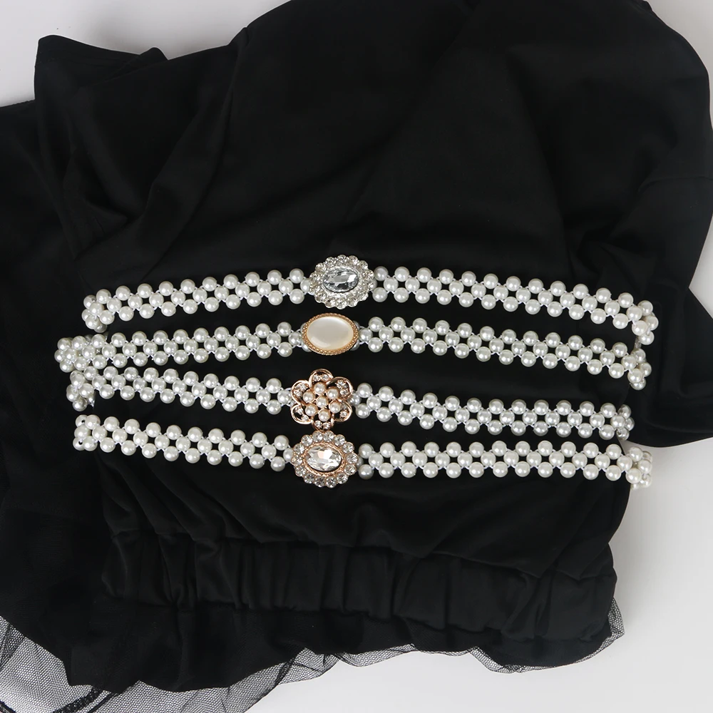 Rhinestone Buckle Weave White Pearl Belt Crytle For ladies girl Elasticity Waist Fit for Waist circumference less than 80cm