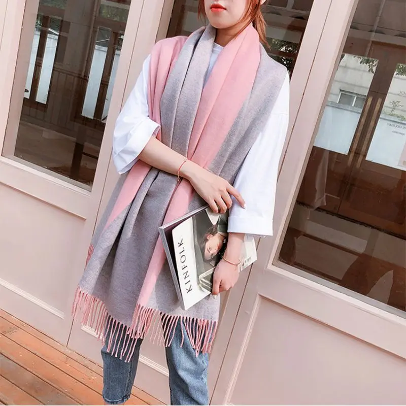 pink and gray Зимние Для женщин кисточкой утолщение теплый шарф в комплекте Цвет шарф-шаль двойного назначения-имитация кашемировый шарф - Цвет: pink and gray