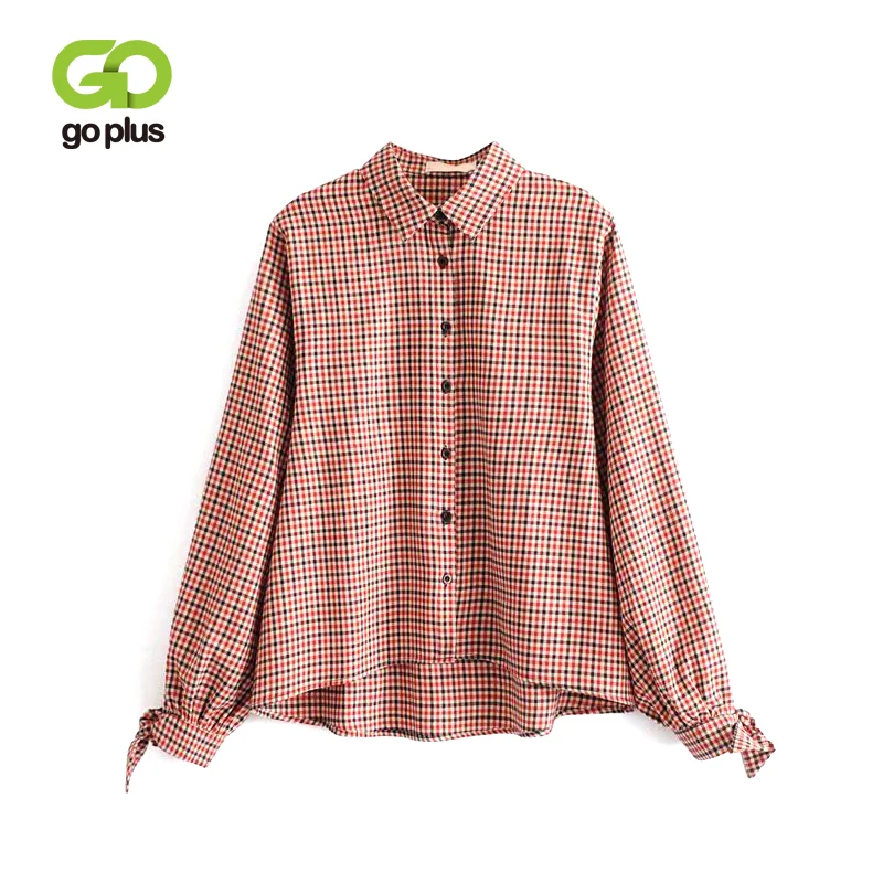 

GOPLUS Spring Vintage Cuff Tie Checkered Shirt Long Sleeve Blouse For Woman Turn Down Collar Ladies Tops and Blouses 2019 C7198
