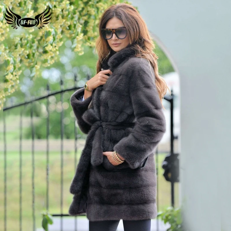 BFFUR модное пальто из натурального меха норки с отложным воротником, пальто из натурального меха норки с поясом, зимняя женская Роскошная куртка из натурального меха