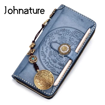 

Johnature Vintage Geometric Men And Women Wallets And Purses 2020 New Handmade Mist Wax Leather Mobile Phone Long Hand Wallet