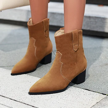 

Karinluna 2020 Dropship Big Size 47 Women Shoes Woman Classic Slip On Chunky Heels Pointed Toe Western Boots Female