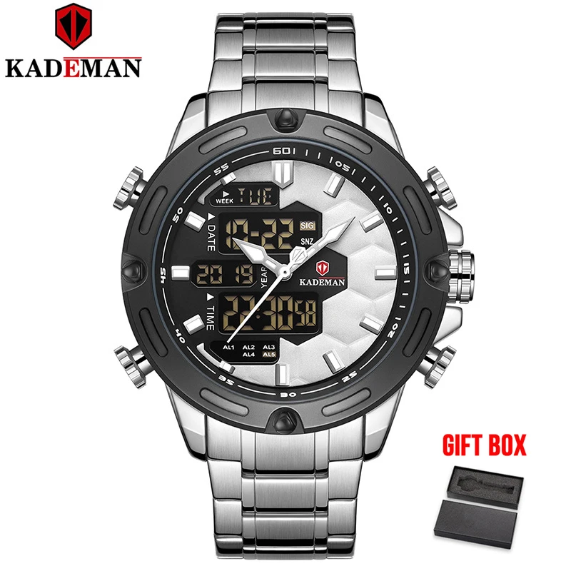 silver black KADEMAN,, Топ бренд, Роскошные мужские часы, светодиодный, двойной ход, мужские, t, спортивные, цифровые, водонепроницаемые часы, кварцевые наручные часы, Relogio Masculino - Color: silver black