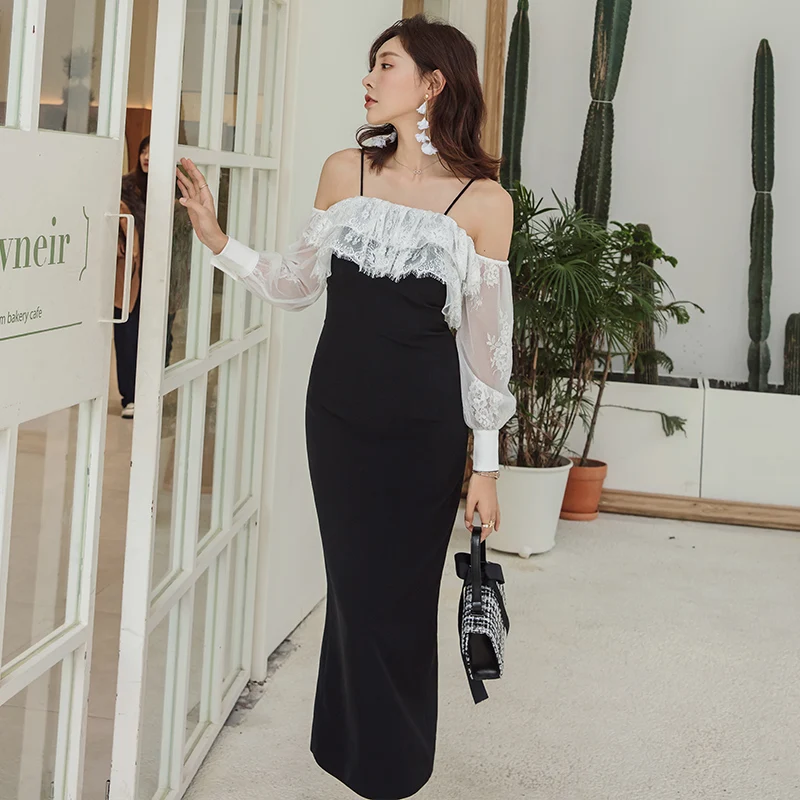 

YIGELILA Autumn Patchwork Lace Dress Slash Neck Backless Sheath Dress Lantern Sleeves Mid-calf Elegant Dress 65174 Free Shipping