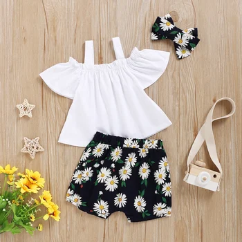 

2020 Girls' Suspenders Set New Baby Girl Solid Color Suspenders Top + Sunflower Shorts + Floral Hair Band Three-piece Suit