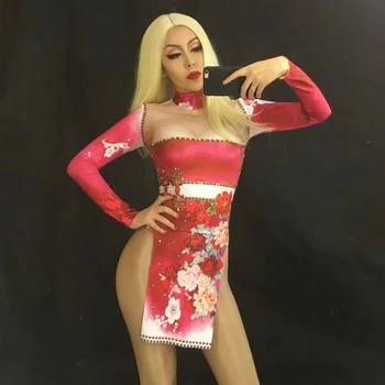 

Chinese Sexy Purple Cheongsam Dress Women Dance wear Female Singer Costume One-piece Bodysuit Nightclub Oufit Party Dress DT324