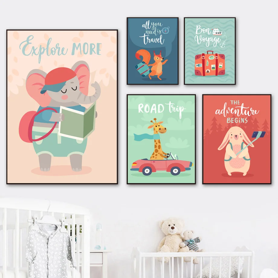 

Elephant Squirrel Fox Sloth Deer Cartoon Wall Art Print Canvas Painting Nordic Canvas Posters And Prints Wall Pictures kids Room