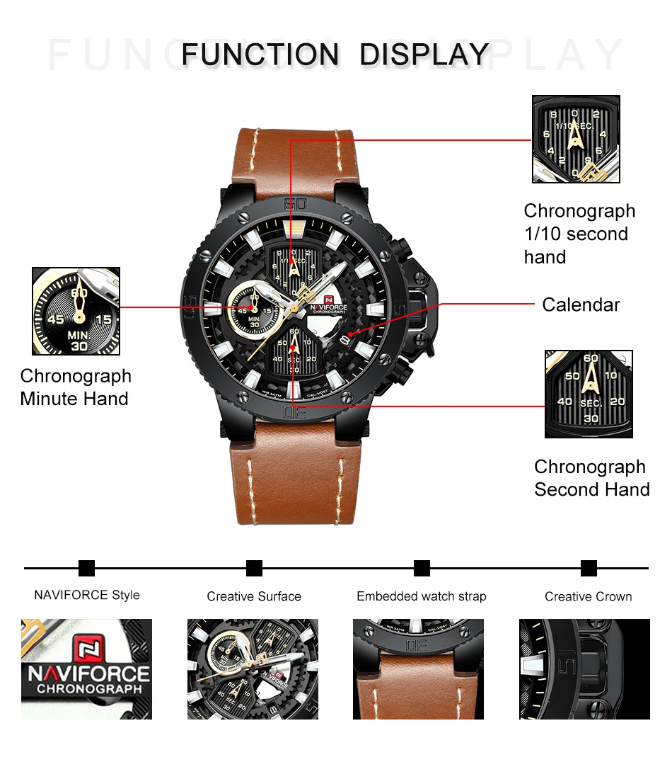 Мужские s часы Топ люксовый бренд NAVIFORCE новые мужские спортивные кварцевые часы хронограф Мужские Водонепроницаемые кожаные военные наручные часы