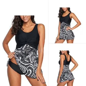 

Women One Piece Swimdress Twist Knot Paisley Floral Splice Overlay Bathing Suit