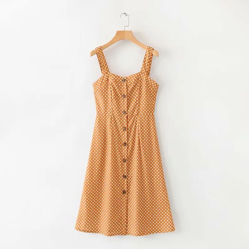 

Western Style 19 Summer New Style WOMEN'S Dress Versitile Fashion Slim Fit Slimming Front Buckle Yellow Base Polka Dot Dress