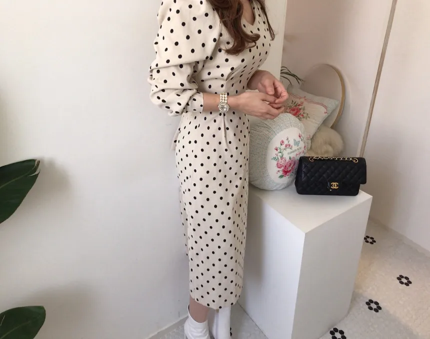 French style Spring autumn Women Casual Polka Dot Print A-Line Party Corduroy Dresses Eleagnt lace-up Slim Dress Fashion