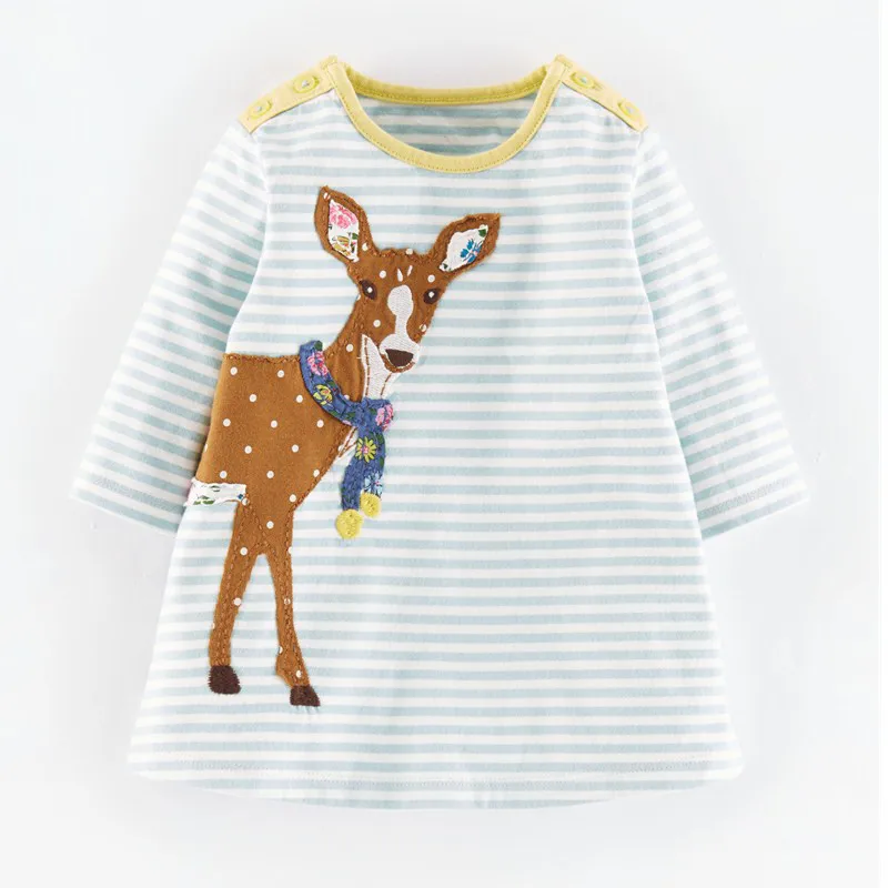 T7505 Deer 1 предмет; Розничная ; Детские платья для девочек; Детская Хлопковая одежда с длинными рукавами удобное платье для девочек с вышивкой платье с изображением животных - Цвет: T7505 Deer