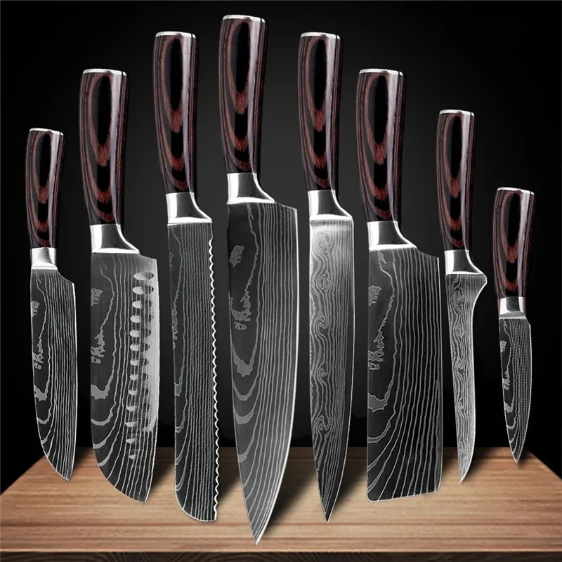 9pcs/set Kitchen Knives Stainless Steel Laser Damascus Pattern Chef Knife Sharp Cleaver Slicing Utility Knives Tool Dropshipping|Kitchen Knives| - AliExpress