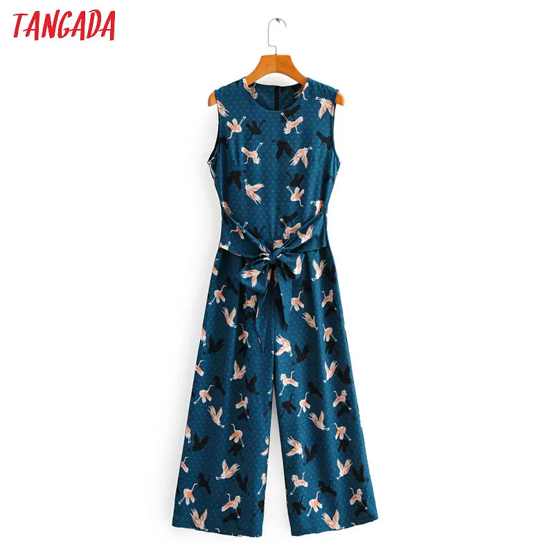 Tangada Women summer birds print long jumpsuit Sleeveless back zipper o neck female casual Jumpsuit 2F46 Tangada Women summer birds print long jumpsuit Sleeveless back zipper o neck female casual Jumpsuit 2F46