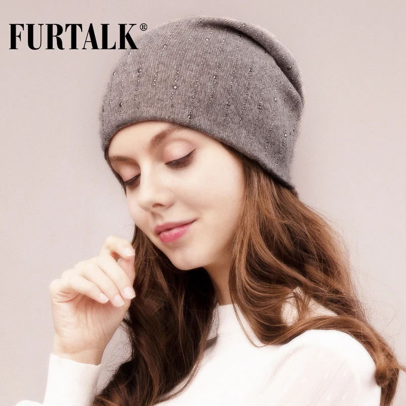 

FURTALK Wool Winter Hat for Women Slouchy Beanie Rabbit Fur Knitted Skullies Hats with with Rhinestones Female Autumn Cap